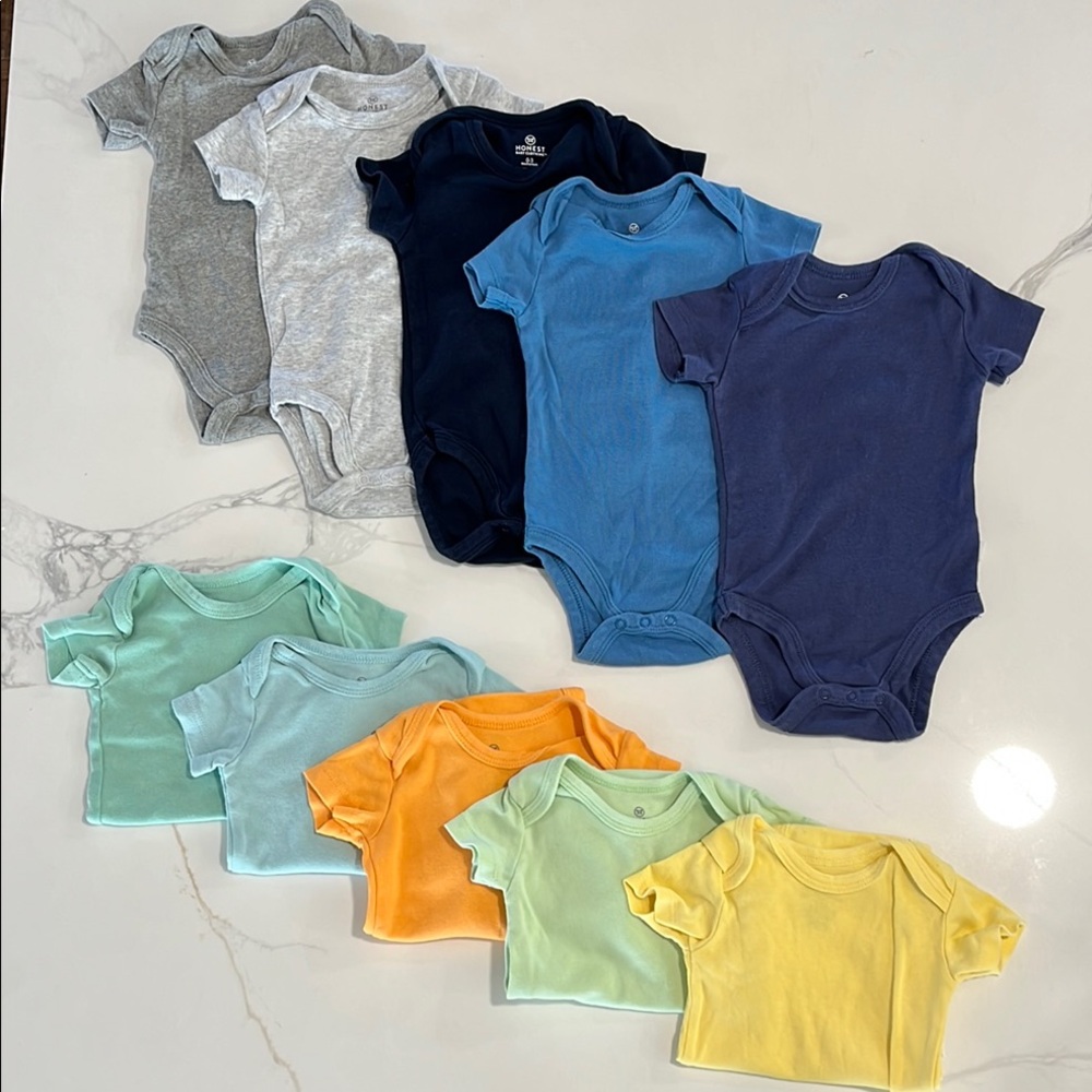 Honest Baby Boy Bundle - Set of 10 colorful bodysuits - Size 0-3 month